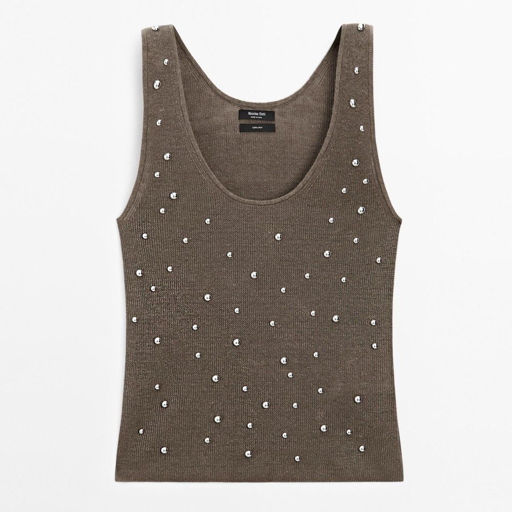 Massimo Dutti 100% Linen Knit top with silver stud details | Brown | XS | NWT